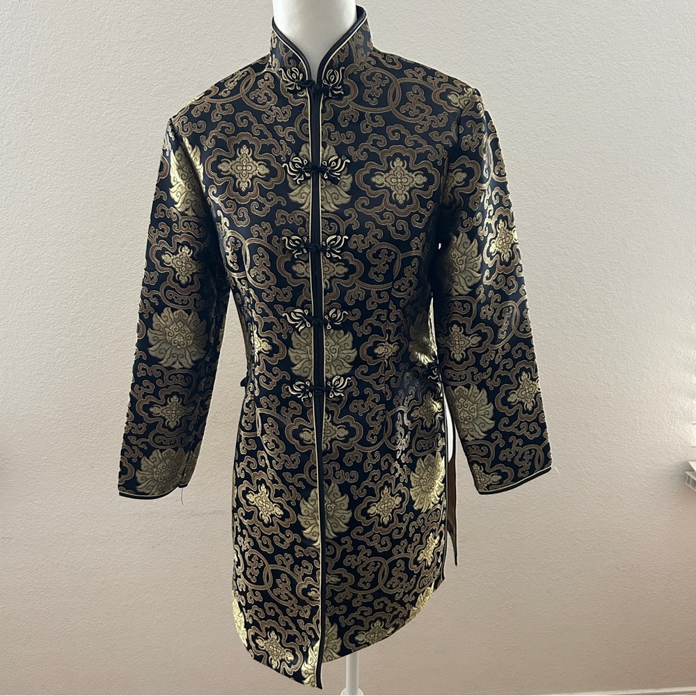 Elegant Black and Gold Longer Qipao Cheongsam Side Slits